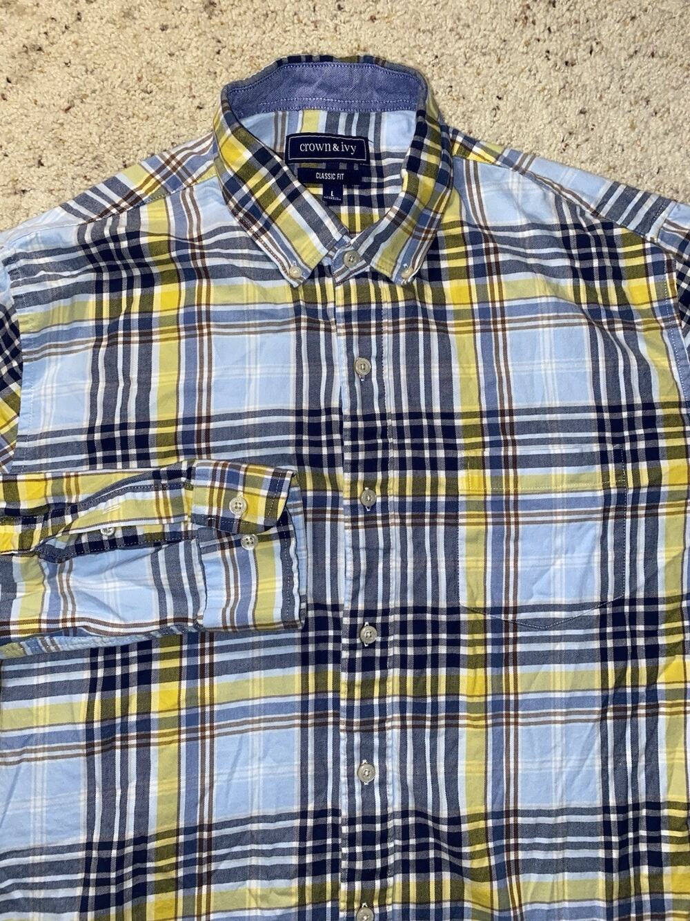 Crown & Ivy Classic Fit Mens Large Button Up Down Plaid Long Sleeve Cotton Shirt